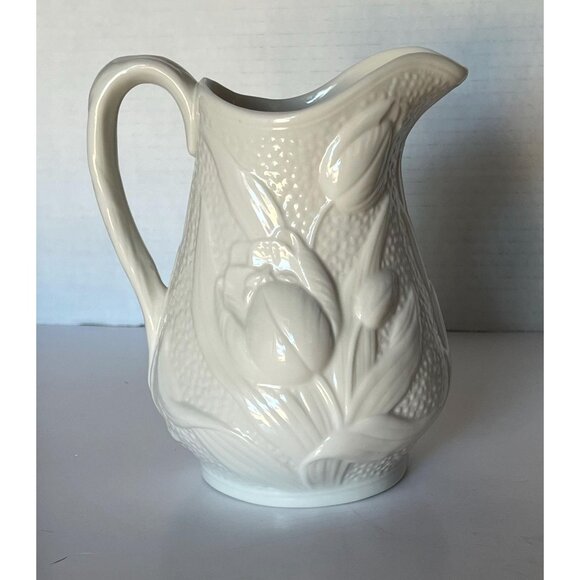 Bombay Other - Vintage Bombay Company White Ceramic Pitcher Embossed Tulip Relief